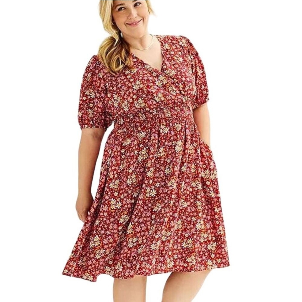Draper James Dress Dark Red Floral Smocked Waist Faux Wrap Puff Sleeves Sz 3X